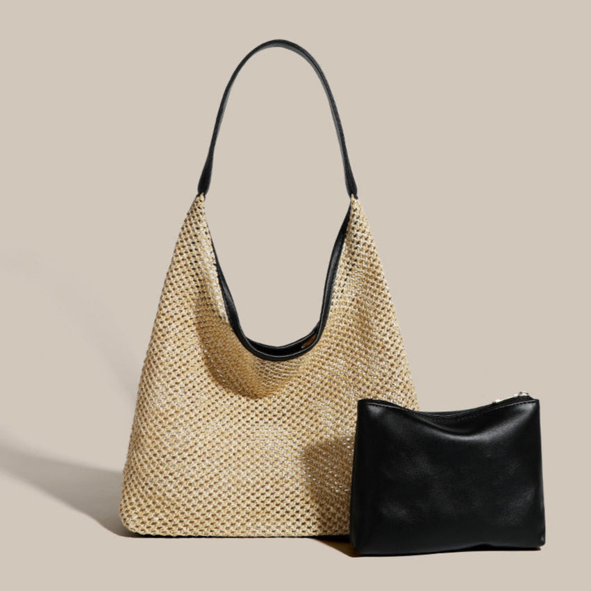 Ensemble sac d'épaule en fibre naturelle et pochette en cuir