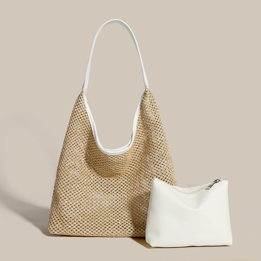 Ensemble sac d'épaule en fibre naturelle et pochette en cuir