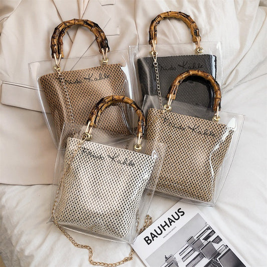 Sac à main transparent design avec pochette en fibre amovible et bandoulière en chaîne dorée