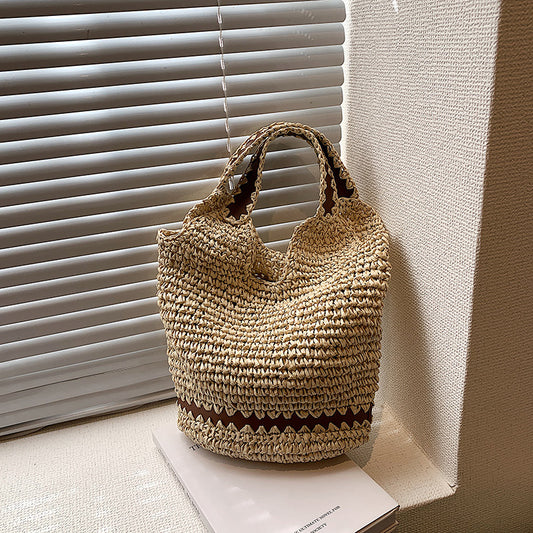 Sac à main en fibre naturelle tressée retro avec broderie en cuir