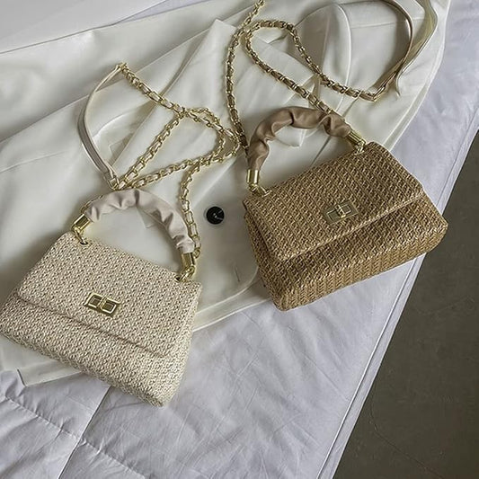 Sac à main élégant en fibre avec bandoulière en maille torsadée et anse en cuir