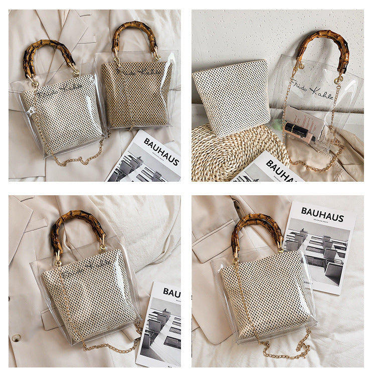 Sac à main transparent avec pochette en fibre naturelle